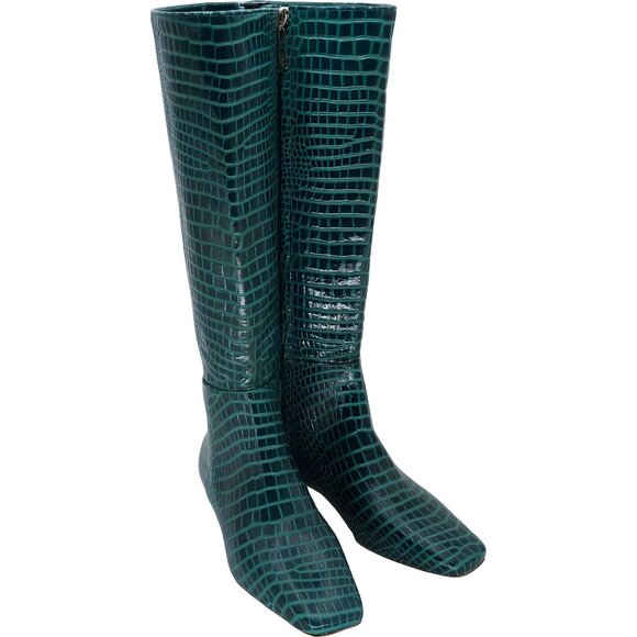 Frances Valentine Green Croc-Embossed Knee-High Boots - Picture 1 of 6
